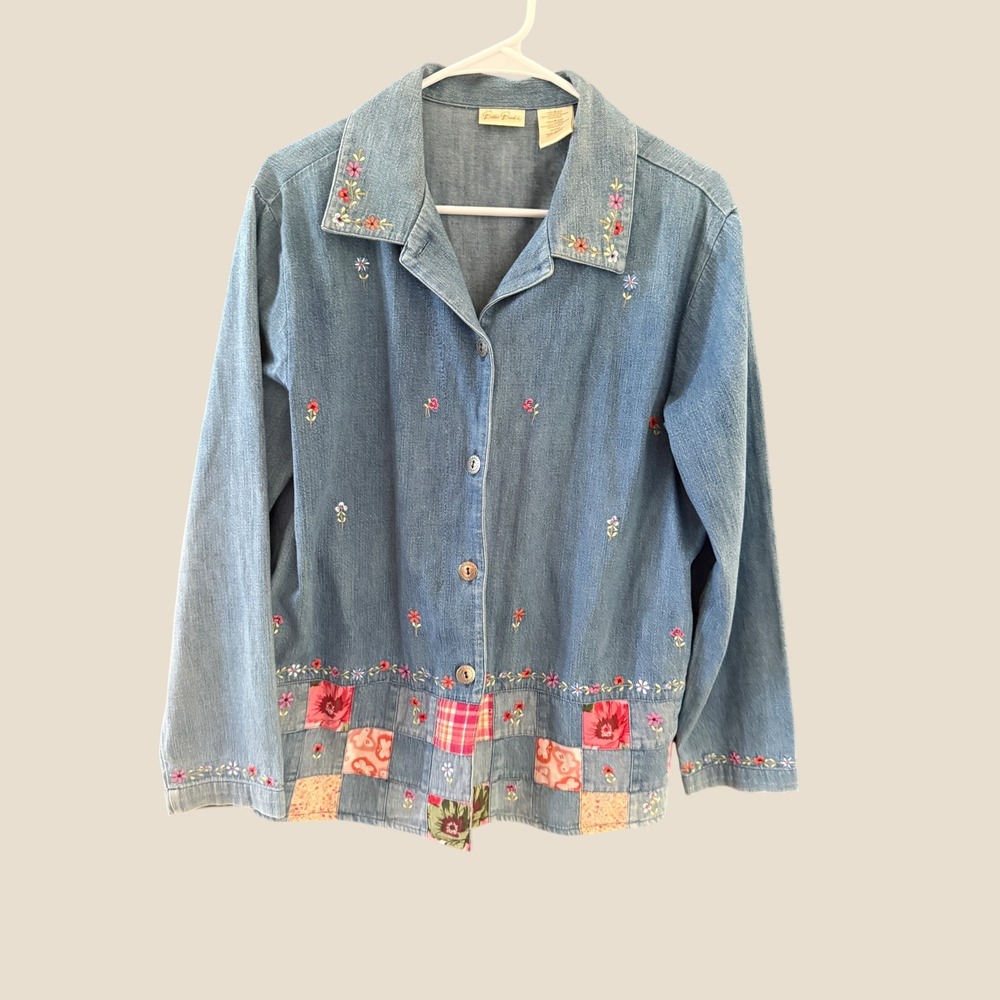 Bobbie Brooks Vintage 90s Denim Shirt Jacket Floral Embroidered Patchwork Blue M